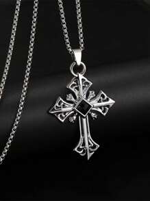 1pc Retro Hip-Hop Punk Style Diamond-Shape Crystal Cross Pendant Titanium Steel Chain Necklace, Stylish Sweater Chain - Multicolor - View 4