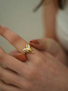 Fashionable Unique Design Minimalist Style Pearl Rhinestone Heart Stainless Steel Open Ring - Gold 1 - View 3