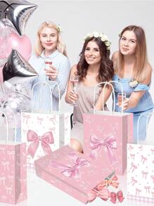 5/10pcs Pink Bow Gift Bags, Paper Bags With Handles For Women, Party, Candy, Birthday, Christmas, Wedding, Engagement,Birthday,Bride,Wedding