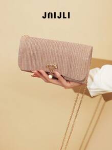 JNIJLI 1pc Vintage Elegant Fashion Luxury Metal Flower Decor Evening Clutch Bag, Handbag With Detachable Chain, Suitable For Party/Wedding/Formal, Perfect Gift For Ladies, Moms, Teachers, Friends, Bridesmaids - Dusty Pink - View 2