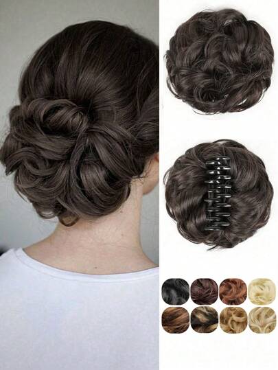 Synthetic Heat Resistant Woven Hair Buns With Puffy Natural Clips In Various Colors Brownish Black-Color Natural Hair Extensions Women Fashion Curly Water Wave Extension Hair Suitable For Daily Holiday Cosplay Party Merry Used Beginner-Friendly Gift