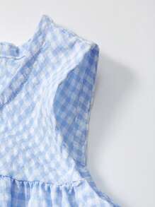 Vestido Xadrez Azul Claro Sem Mangas com Bordado Fofo de Pato para Meninas, Essencial de Verão
