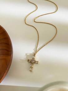 Monlansher Nuova collana con ciondolo a croce in acciaio inossidabile per donna, realizzata a mano con zirconia cubica, design alla moda e versatile per uso quotidiano