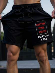 Customized Men's Summer Shorts, Father's Day Gift - Input Your Text/Blessing/Logo/Funny Phrase, Upload Your Personal Photo, Customize Men's Summer Shorts, Holiday Gift, Anniversary Gift, Valentine's Day/Birthday/Party/Music Festival Customization, Gift For Him, Party, Company Culture T-Shirt Customization/Family Gathering Customization/Charity Team Uniform Customization, Men's Summer Shorts - Black - View 1