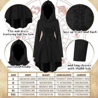 Halloween Women's Renaissance Fairy Costume Set, Medieval Hooded Dress With Accessories, Get Ears As A Gift Black Cape