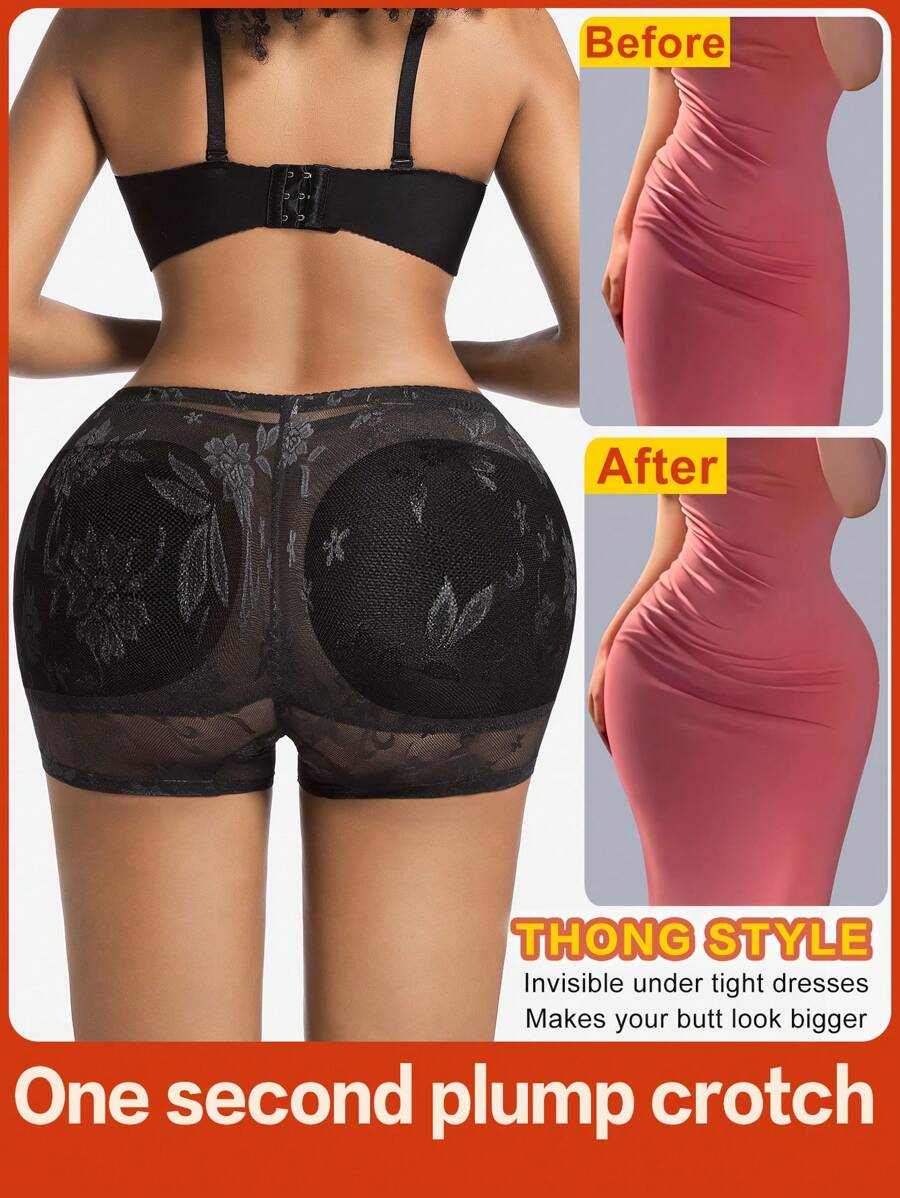 1pc Women Jacquard Butt Lift Shorts High Waist Slimming Panties With Removable Padded Insert, Sexy Body Shaping Shorts