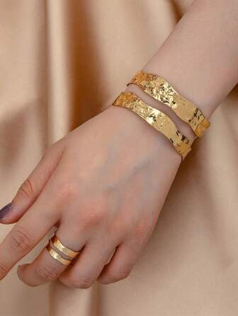 2 件不对称几何可调节手链和戒指套装，女士珠宝