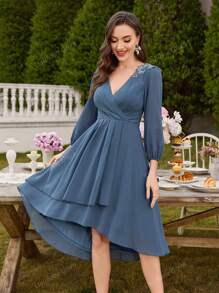 UNITHORSE UNITHORSE Fabric V-Neck Lantern Sleeve Luxury Embroidered Shoulder Design Gored Dress A-Line Midi Dress For Bridesmaids