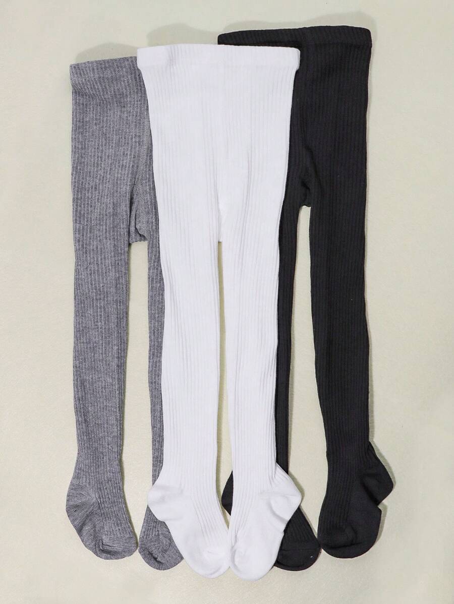 3 Pairs Girls Children Dance Tights, Solid White/Black/Gray Vertical Striped Skinny Leggings, Multi-Color Matching Daily Outfit