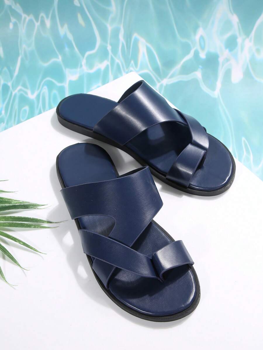 男士户外派对商务休闲一脚蹬露趾透气纯色高端时尚百搭平底凉鞋