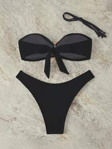 New Solid Color Bandeau With Detachable Straps & Metal Decor, 2 Pieces Bikini Set - Black - View 2