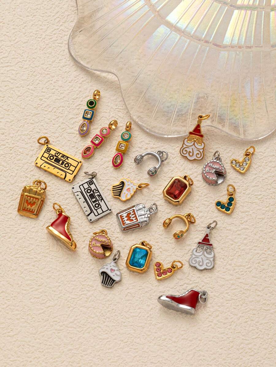 1Pc Stainless Steel Material Fashionable Daily Elements Cassette Cake Headphones Shoe Shaped Pendant, Colorful Zirconia DIY Accessories Necklace Bracelet Earring Pendant, Electroplated 18K Gold, A Gift For Wife And Mother