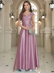 Elegant Solid Square Neck A-Line Extra Long Evening Gown - Mauve Purple - View 6