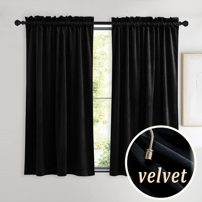 2pcs European Luxury Black Velvet Small Curtains, Rod Pocket Design, High Blackout, Soundproof, Heat Insulation, Darkens Room, Privacy Protection, Soft & Smooth, Elastic Fabric, Durable, Washable, Suitable For Bedroom, Living Room, Dining Room, Kitchen, Office, Closet, 220gsm, Halloween