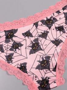 Morvia 10 stuks Sexy Roze Contrasterende Kanten Versieringen Gothic Chic Low-Rise Bikini's, Allover Bugs & Spiders & Skull & Bats & Pumpkins Print, Comfortabele Hipster Slipjes Voor Vrouwen - Halloween Lingerie & Ondergoed