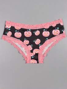 Morvia 10 stuks Sexy Roze Contrasterende Kanten Versieringen Gothic Chic Low-Rise Bikini's, Allover Bugs & Spiders & Skull & Bats & Pumpkins Print, Comfortabele Hipster Slipjes Voor Vrouwen - Halloween Lingerie & Ondergoed