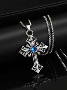 1pc Retro Hip-Hop Punk Style Diamond-Shape Crystal Cross Pendant Titanium Steel Chain Necklace, Stylish Sweater Chain - Multicolor - View 9