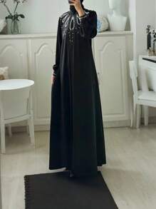 Elegant Solid Color Women's Robe, Western & Retro Style, Black Long Sleeve Abaya Jalabiya With Zipper, Pearls & Rhinestones, Modest Kaftan