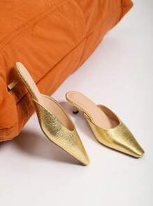 Damen Spitze Zeh High Heel Mule Sandalen, eleganter Stiletto französischer Stil Mode Slip-On für Frühling/Sommer - Gold - Übersicht 4