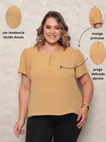ONLYONE - WOMEN'S SHORT SLEEVE PRINCESS PLUS SIZE BLOUSE WITH LIGHT DUNES NECKLINE DETAIL - WOMEN'S BLOUSES - 淡黃色 - 查看 1