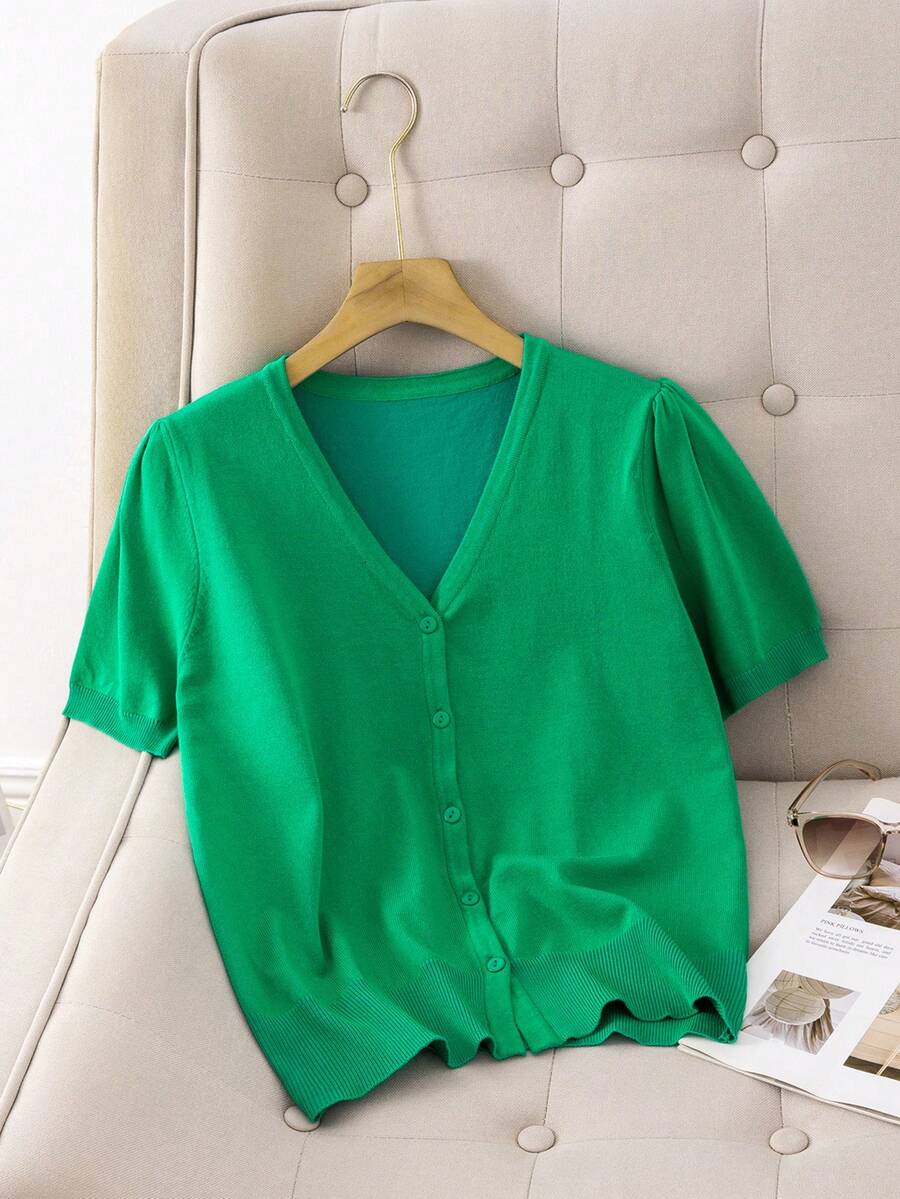 GIGOGOU 夏季薄款女士针织开衫透气短袖女士休闲T恤上衣 - 綠色 - 查看 1