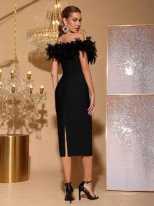 Modphy Faux Feather Sexy V-Neck Off Shoulder Backless Bodycon Bandage Midi Dress, Elegant Women's Holiday Wedding Guest Bridesmaid Party Formal Gown