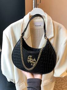 Dedoo 新月型通勤包，極簡主義腋下單肩手提包；印花時尚極簡鏈條單肩包，適合上班、聚會，2025年情人節禮物，大方、溫婉、優雅，適合大學生、女性、女士，適用於各種場合 - 黑色 - 查看 5