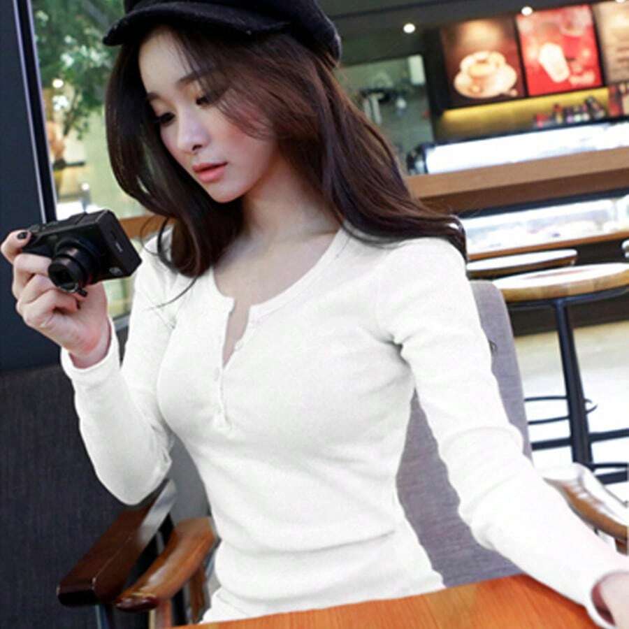 Otoño botón de hilo de color sólido camiseta de manga larga de las mujeres Slim nueva blusa camisa de fondo fuera de la marea de desgaste - Blanco - Ver 1