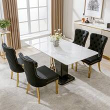 Ensemble de chaises de salle à manger en velours, chaise rembourrée avec garniture cloutée, pieds de support en acier inoxydable plaqué or - Noir - Voir 2