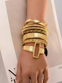 1 Pc Minimal Design Hammered Metal Cuff Bangle Bracelet For Women - Gold - View 10