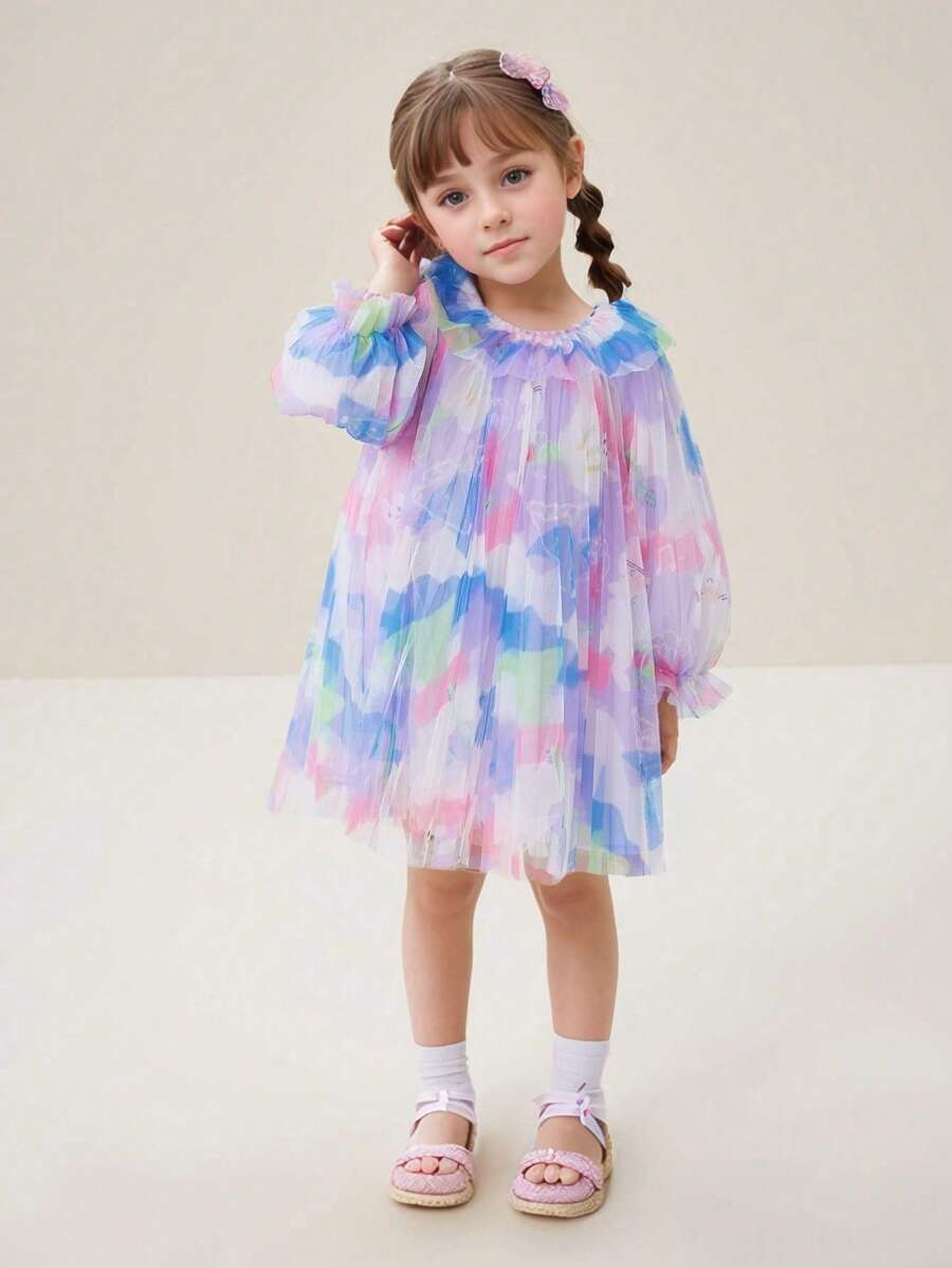 mini bala Young Girl Princess Dress, Spring New Printed Mesh Princess Dress - Purple - View 1
