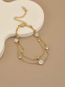 1pc Rhinestone & Crystal Decorated Retro Style Double Layer Round Ball Stainless Steel Luxury Women Bracelet