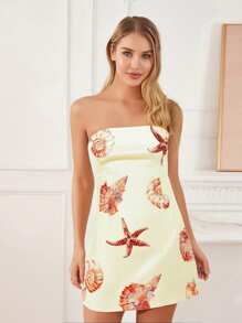 Women Mini Tube Top Dress Slim Flower/Butterfly/Starfish Off Shoulder Sleeveless Bodycon Dress For Party Club - Light Yellow - View 4