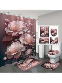1 Peça/4 Peças Conjunto de Cortina de Chuveiro Floral Colorida com Tapete Antiderrapante, Tampa, Tapete de Banho e 12 Ganchos de Plástico - Lavável na Máquina, Decoração de Banheiro à Prova d'Água em Poliéster com Ilhós no Top - Conjunto de Acessórios de Banho com Tema Natural para Todas as Estações Volta às Aulas