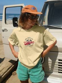 1 Stück Polyester T-Shirt mit Kalifornien-Kokosnussbaum Schriftaufdruck, geeignet für Strand, Lässig dates, Sport, Büro, Zuhause, Streetwear, gleiches Paar-Oberteil, Ganzjährig - Khaki - Übersicht 1