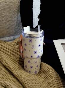 1pc 20oz (600ml) Stainless Steel Insulated Tumbler With Flower & Bow Pattern, Double Wall Vacuum Cup, Coffee Mug, Water Bottle, Suitable For Office, Home, Outdoor, School And Occasions Like Valentine's Day, Christmas, Ramadan, Mother's Day, Birthday Gift Back To School
