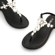 Flat Sandals For Women Dressy Rhinestone T-Strap Thong Flat Sandals For Summers Dress Beach - Black - View 8
