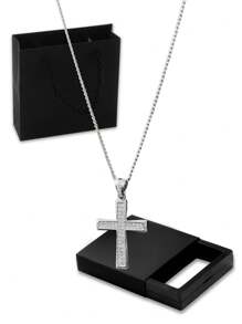 1pc Fashionable Hip Hop Sporty Rectangular Cross Necklace Set With Multi-Elements, Suitable For Students, Gift Box Packaging For Holiday Gift - Silver - View 2