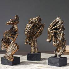 Die stillen Gesichter von Menschen sind goldene abstrakte Kunstwerke aus Harz für die Heimdekoration, bestehend aus 3 Teilen.