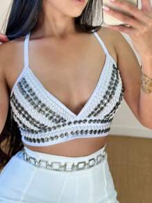 Cropped Top With Rhinestones - 화이트 - 보기 2