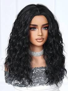 20英寸高品质舒适透气蓬松长卷假发，黑色中长蓬松卷发假发，女士款，采用耐热合成纤维制成，是度假、旅行、家庭聚会、角色扮演、音乐节和日常佩戴的理想之选。 - 黑色 - 查看 4