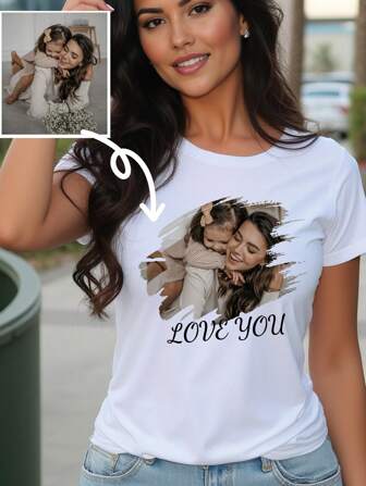 Customized Women T-Shirt - Add Your Own Text And Image, Minimalist Spring/Summer Apparel, Customized (Family Photo/Selfie/Pet Photo/Friend Photo/Party Photo/Parent-Child Photo/Couple Photo) Customized Text/Blessing/Name, Fashionable, Minimalist, Minimalist Style,Sports & Outdoor,Winter Grace,Personalized Comfortable Casual Loose Fit T-Shirt