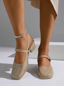 2025女款时尚浅金色镜面金属玛丽珍鞋，适合通勤、约会、派对、度假，春季鞋款，春假复活节简约系带平底鞋，新款水晶约会高端时尚纯色高跟凉鞋，大码女鞋，鞋子 - 米色 - 查看 3