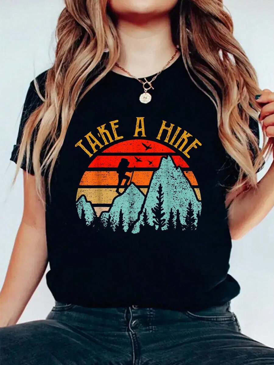100% Cotton Crew Neck T-Shirts Funny Take A Hike Men Women Mountain Hiking Camping Vintage T-Shirt  Print Tshirt For Summer, Women Men Soft Short Sleeve Top, Comfy Tee Shirt For Womens Graphic Tees - Black - View 1