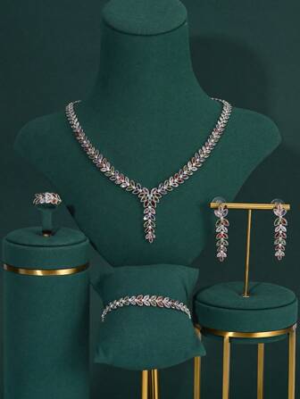 4 piezas Conjunto de joyas de lujo con diseño de trigo de perlas y circonita colorida, estilo árabe de Dubai para novia y fiesta de boda, accesorios de boda, regalo para el Día de San Valentín, Día de la Madre