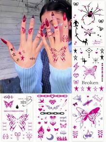 5 Blatt Y2K Tattoos, sexy temporäre Tattoos, Fingertattoos für Frauen, wasserfeste realistische mehrfarbige Tattoo-Aufkleber im Punk-Stil mit rosa Rose, Schmetterling, rotem Herz, Spinne und Schleife für Partys, Dates, Musikfestivals