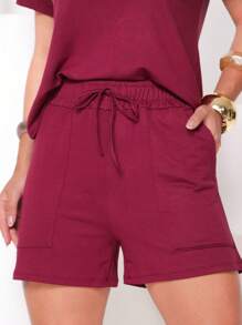 Women's Set In Fleece Fabric Comprising Shorts And Short Sleeve Cropped Top - Burgundy - View 5