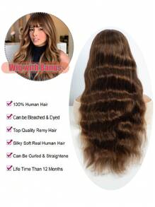 人发挑染波浪假发带刘海全机织无胶假发金色混合棕色无蕾丝可戴可戴 180% 浓度巴西雷米假发适合女性日常使用