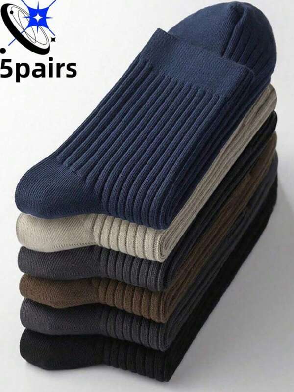 5 Pairs Men's Random Blend High Elasticity Lycra Odor Resistant Breathable Mid-Calf Tennis Socks, Suitable For Daily Wear