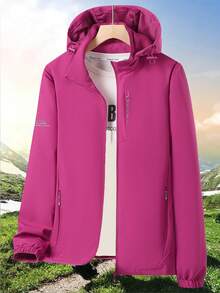 女士运动风衣外套，新款春秋季纯色连帽轻便防风户外休闲运动夹克 - 紫色 - 查看 1